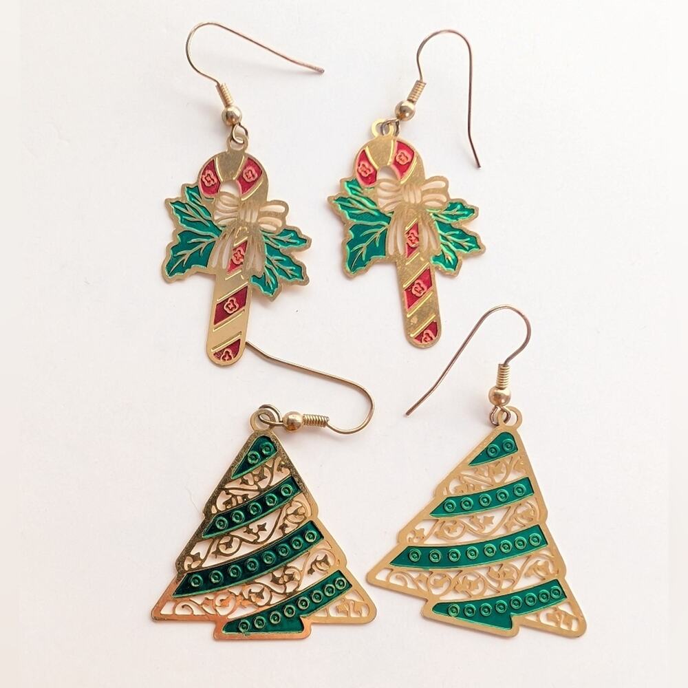 Vintage Estate Gold Tone Filigree Green Christmas Tree Candy Cane Earrings Set